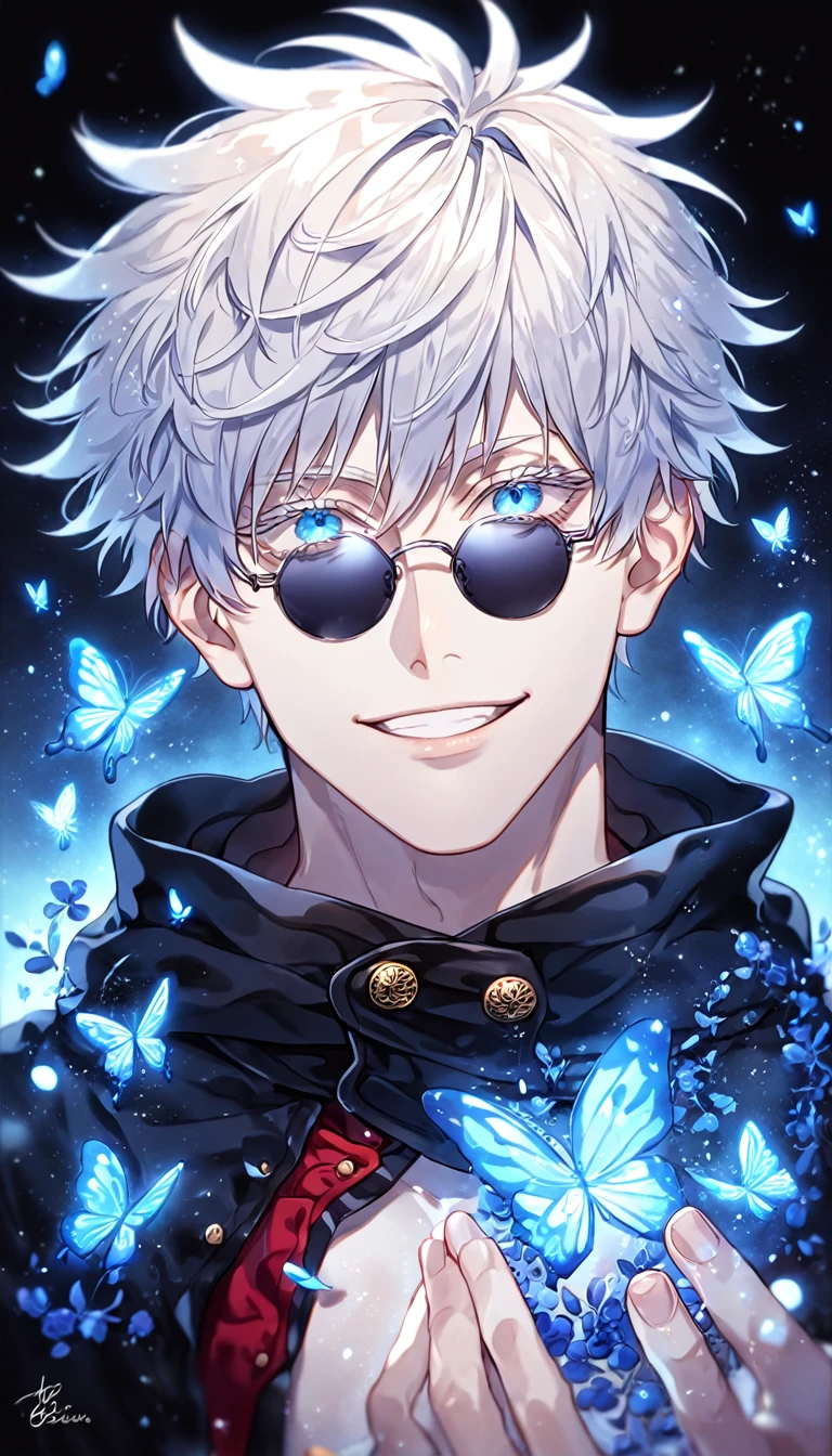 absurdres, highres, ultra detailed, HDR, master piece, best quality, extremely detailed, detailed face, Gojou Satoru, white hair, expressive blue eyes, white eyelashes, Jujutsu Kaisen, solo, sexy man, handsome, smile, manly man, black coat, hooded red vest, showing the chest, round black sunglasses, magical, fantasy, under a blue tree, blue flames, blue moon, blue fireflies, blue roses, blue butterflies, glass magic