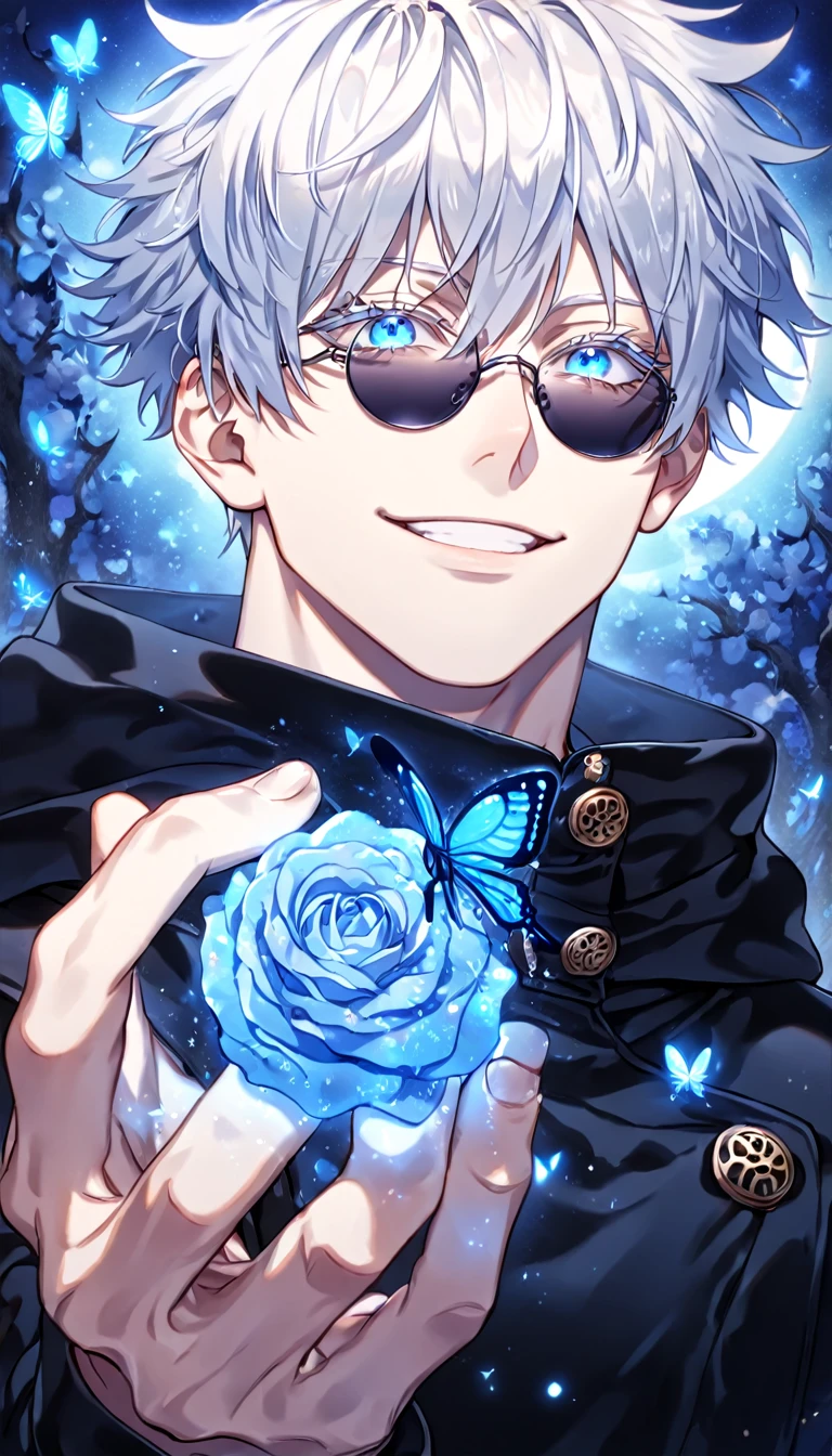 absurdres, highres, ultra detailed, HDR, master piece, best quality, extremely detailed, detailed face, Gojou Satoru, white hair, expressive blue eyes, white eyelashes, Jujutsu Kaisen, solo, sexy man, handsome, smile, manly man, black coat, hooded red vest, showing the chest, round black sunglasses, magical, fantasy, under a blue tree, blue flames, blue moon, blue fireflies, blue roses, blue butterflies, glass magic