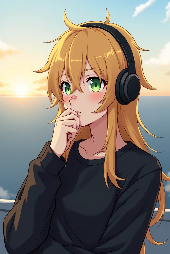 Create an anime-style image of a male character with long blond hair, Wearing Headphones, greeneyes, he has a small wart on his nose, and he's wearing a black sweatshirt and has a reflective expression looking at the horizon