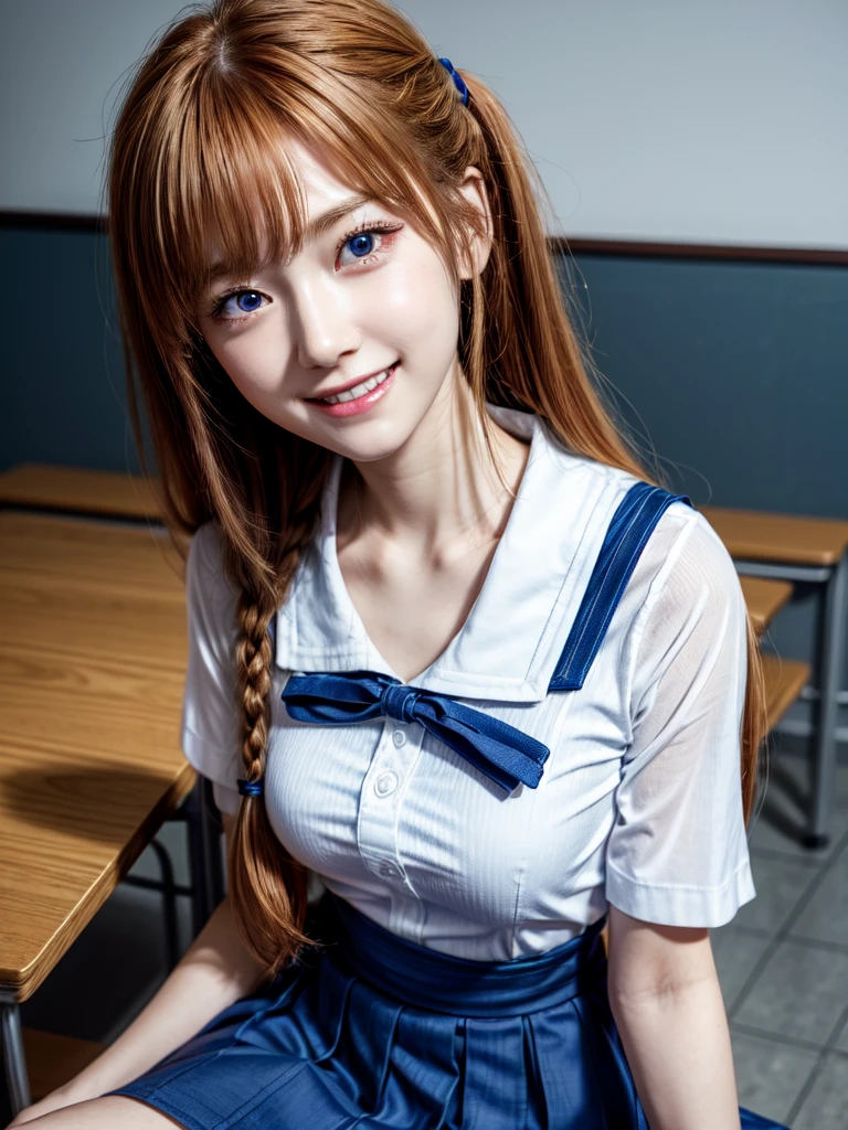 (8k, highest quality, Pieces fly:1.2)、Ultra-high resolution、anime,1 very pretty girl,Asuka Langley,Highly detailed face, Fine grain,blue eyes,,White sailor collar plain short sleeve shirt,Light blue skirt,Light Blue Suspenders,uniform_Red ribbon,Orange Hair,Long Hair、Detailed hand and fingers,put your hands in your hair,Grin、sitting on desk,Shooting from above,classroom