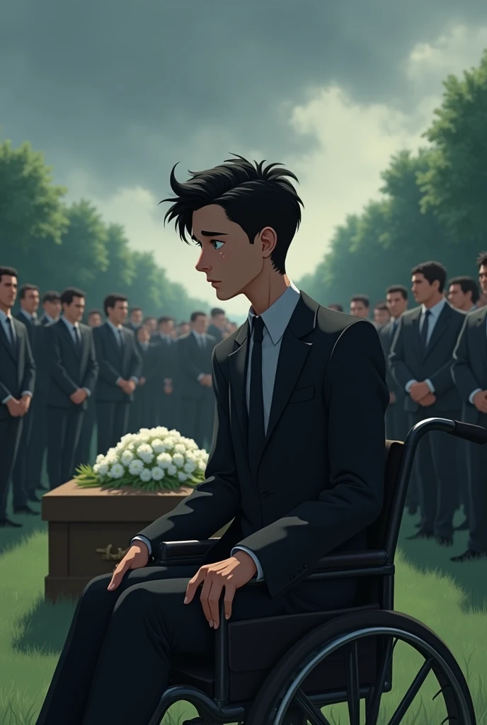 The funeral scene is marked by sadness and gravity.. In a green cemetery, under a gray and cloudy sky, A mourning crowd gathered around a coffin covered in white flowers. In the foreground, we see a 1 young man, sitting in a wheelchair, her black hair styled soberly, ses yeux bleus brillants de larmes. He is wearing a black suit, contrasting with the paleness of his face. Version pixar 2d