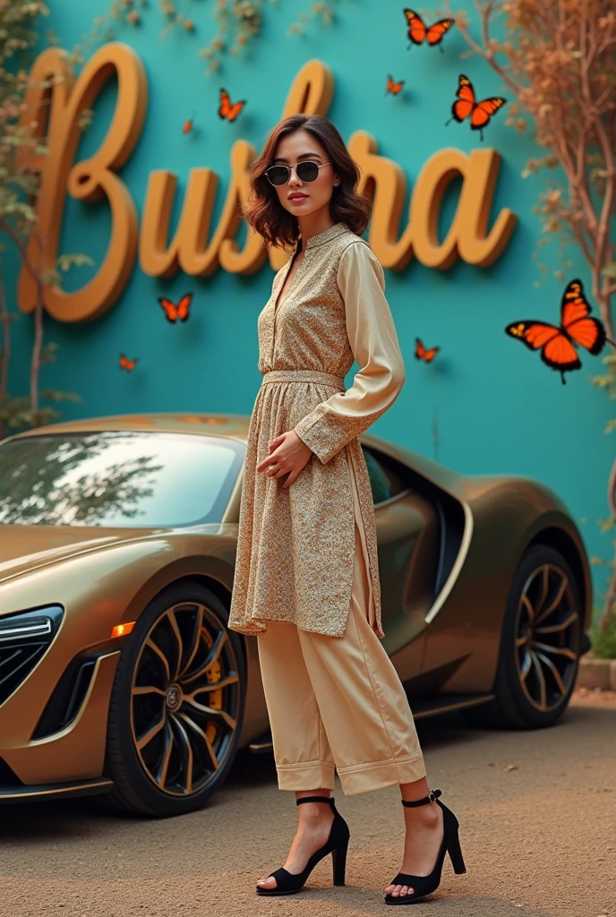 

"A beautiful girl looking stunning, wearing stylish sunglasses. Her light makeup enhances her natural beauty, and her loose, softly curly hair adds to her charming appearance."
A beautiful young lady with small curly hair looking so gorgeous and decent makeup and water sunglasses is standing next to a luxury unique  car and a name 'Bushra' written to vest funt on it. She's wearing a stunning - designing shlwar qameez suit with intricate designs and black heel shoes. The car is parked in a picturesque setting with colorful butterflies flying around and 'Bushra' written in bold, cursive font on the wall behind her. The scene exudes elegance and sophistication."

Let me know if you'd like me to generate an image based on this prompt!