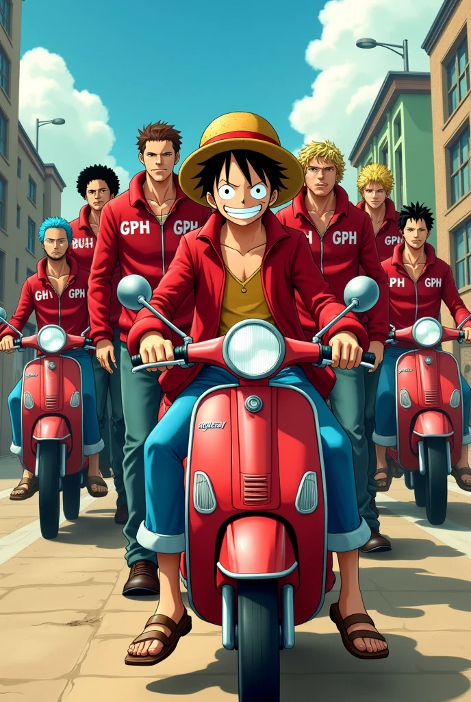 Anime one piece luffy riding a mini moped , Luffy takes 100 of his members on a motorbike , they all wear red jackets , On the jacket there is GPH writing on the front of the Adidas brand jacket, wearing long jeans, and wear motorcycle boots, all members are excited