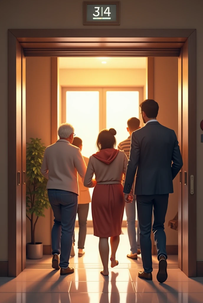 Group of neighbors entering and leaving an elevator