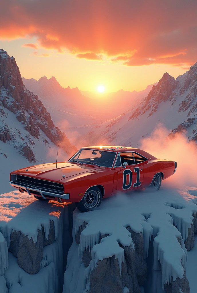 Genral lee dukes of hazard 01 on top of a frosty frozen mountain sunest 