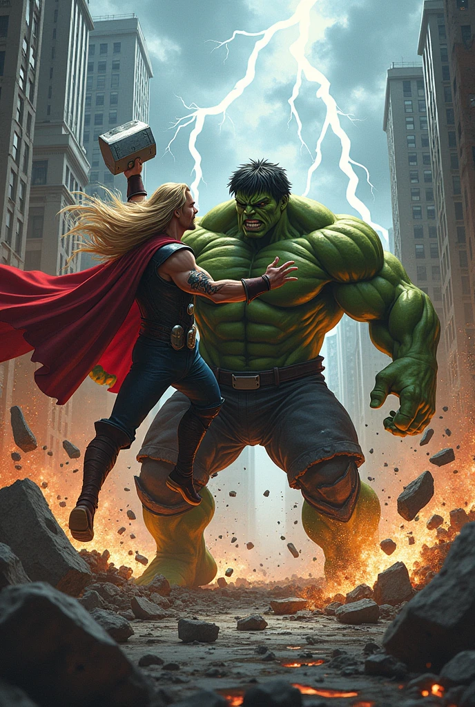 Draw Thor vs Hulk, a destructive battle, pure chaos in the world