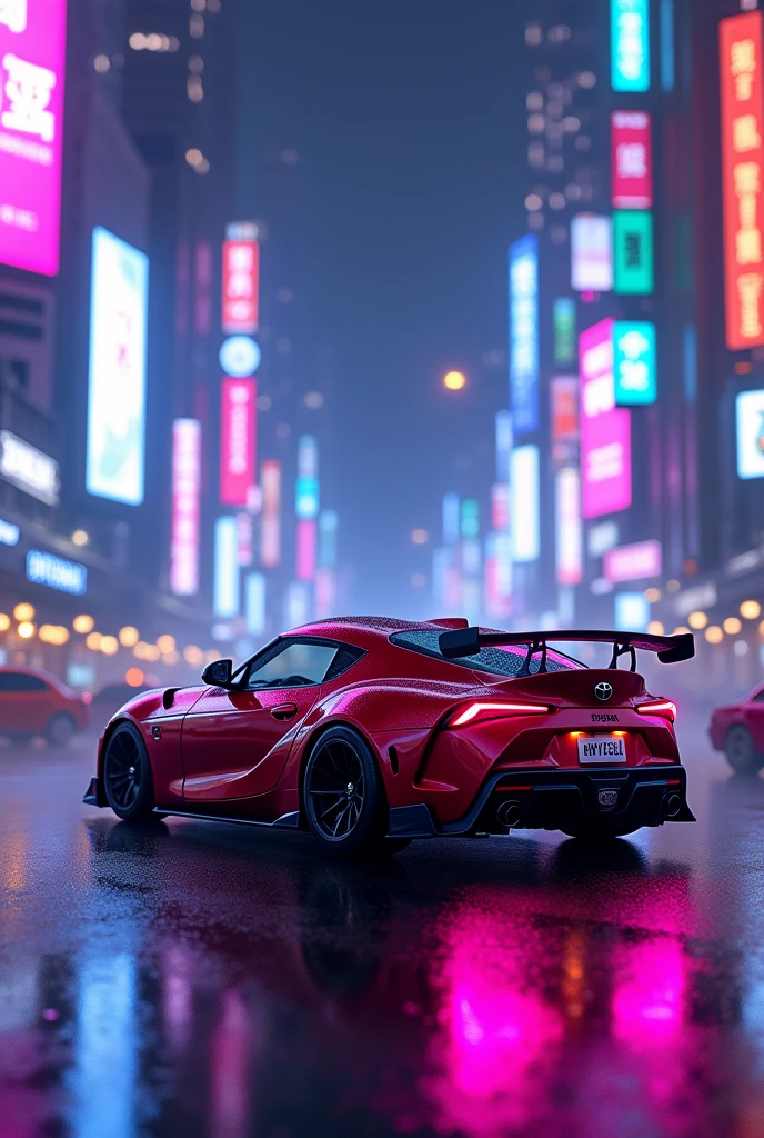 Toyota supra on neon city with purple and blue lights