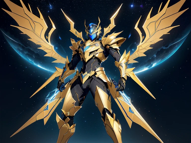 It's a man. The image presents a highly detailed and futuristic armor designed for a male warrior. The armor combines elements from different parts to create a cohesive and powerful look.

Helmet: The helmet features a sleek, aerodynamic design with a golden metallic finish. It has a central crest that rises upwards, and the visor glows with a bright blue light, giving it a high-tech, futuristic appearance.

Pauldrons (Shoulder Pads): The shoulder pads are large and wing-like, curving outward and upward, with a polished golden finish. These pads extend slightly beyond the shoulders and include a sleek, angular design, providing both a majestic and powerful look.

Chest Plate: The chest plate is intricately segmented, with a combination of gold and dark metallic blue. It has a gem-like crystal in the center that emits a soft, mystical glow. The design of the chest plate is both protective and regal, with sharp, angular lines that add to the overall futuristic aesthetic.

Arm Guards: The arm guards are sleek and streamlined, with articulated golden and purple segments that offer flexibility and protection. The design of the gauntlets is both robust and elegant, incorporating futuristic elements that blend with the classic style.

Leg Armor: The legs are armored with segmented plates that are primarily gold and purple. The boots are angular and sturdy, with a design that conveys both strength and agility. The overall look of the leg armor is grounded yet sleek, completing the ensemble with a powerful stance.

The background of the image is a dark cosmic scene, filled with distant stars and nebulae that highlight the polished surfaces of the armor. Dynamic lighting is used to emphasize the key features, particularly the glowing visor and central chest gem, reinforcing the mystical and imposing nature of the warrior.