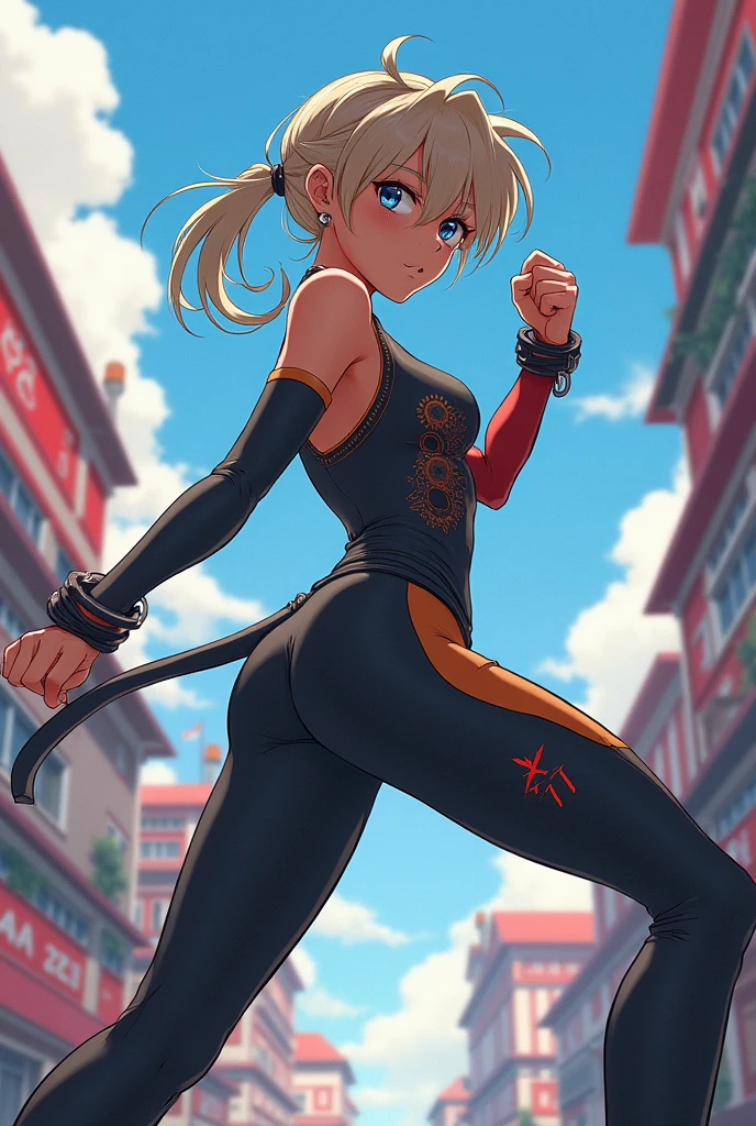 A femboy in tight clothing in a fighting pose anime style