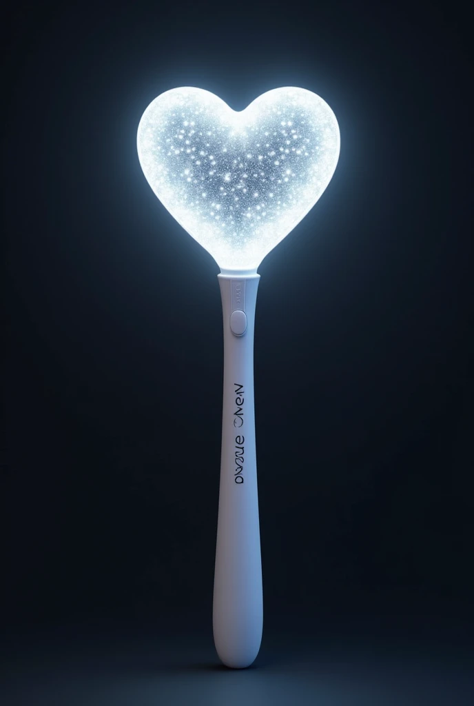 kpop lightstick but design as magic wand. elegant and cute. the lightstick emits silver light. sparkling and glowing in the dark. no hand. preview. the stick has on or off button. the stick is white only 15cm height. on top of stick is a love shape. has sophisticated vibe. the stick is NOT TOO THIN. 15 cm height stick. word (DAZZLE CHARM) in black surround the lightstick at junction between love and stick.
