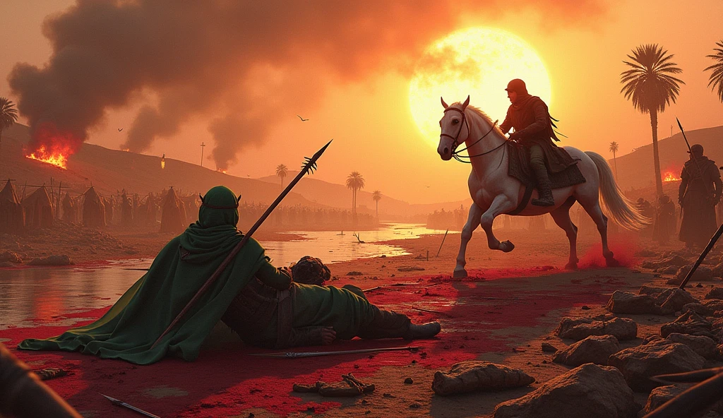 bloody sky, sun set, arrow everywhere, burning tents, date trees, blood everywhere, bloody swords, army with swords, knife, sheilds, and fire woods in his hand, a white wounded bloody horse, a men which wear green hijab and proper fighter suit and fall on the bettle ground which wear green hijab and dresses and a javelin inside his chest , heavy smoke, a bloody river