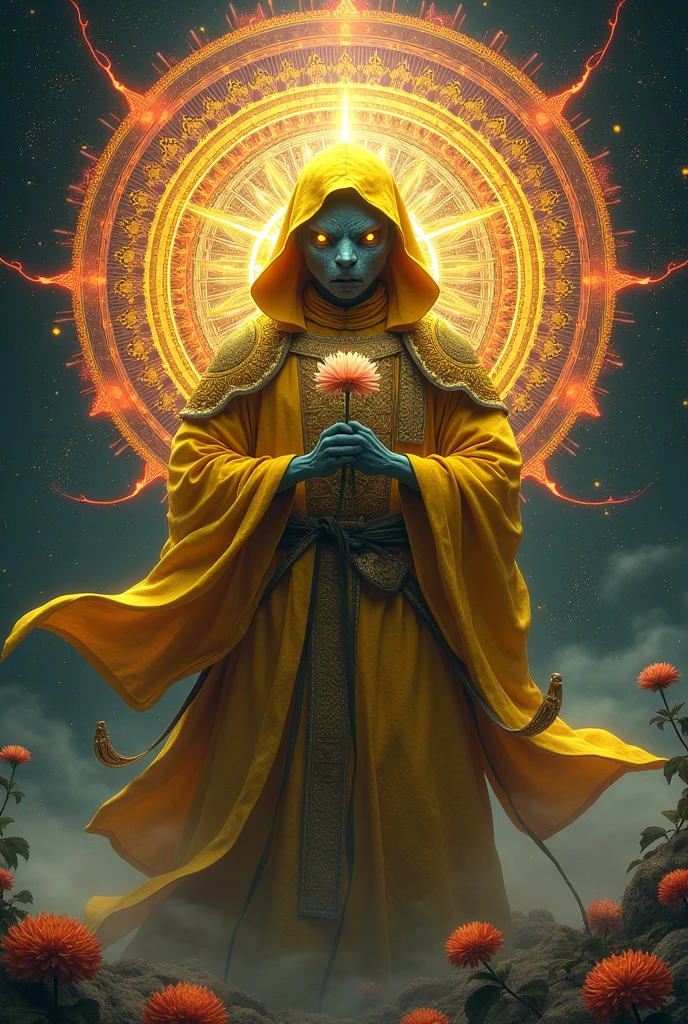 worm in quantum superposition with yellow ancient ninja armor with a phrysanthemum in his hands and a mandala in the background