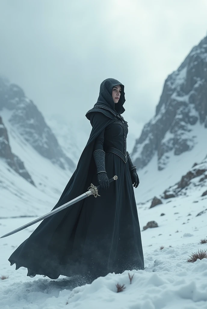 Woman in long black coat with a sword in a snowy landscape