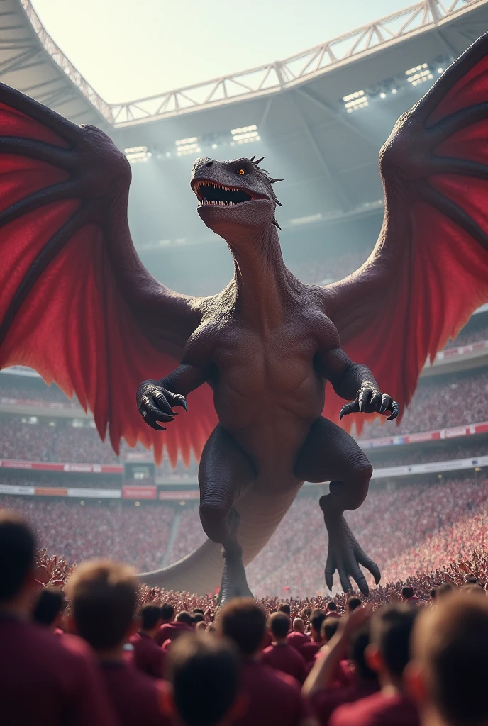 create an angry, burgundy pterodactyl in the middle of a stadium full of people wearing burgundy shirts