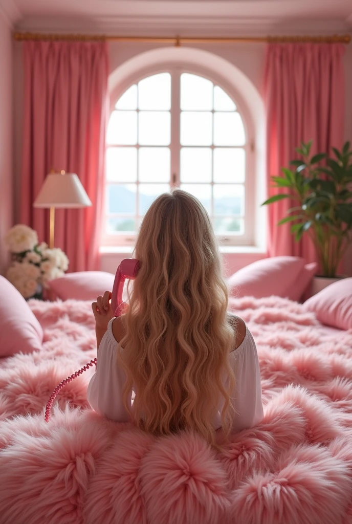 See big view of luxurious pink room in picture from a little far from big pink luxury room view , see from behind of perfect model sexy body girl with so much long natural curly blonde hair sit and talking on pink telephone sit on rose fur pink queen size luxurious bed rose pink fur color color her looking out the window view missing someone , the picture view see large view of pink luxury room , telephone cover her face don’t focus on her face focus on view behind her see beautiful super long natural curly blonde hair holding pink telephone see full room view from behind her back 