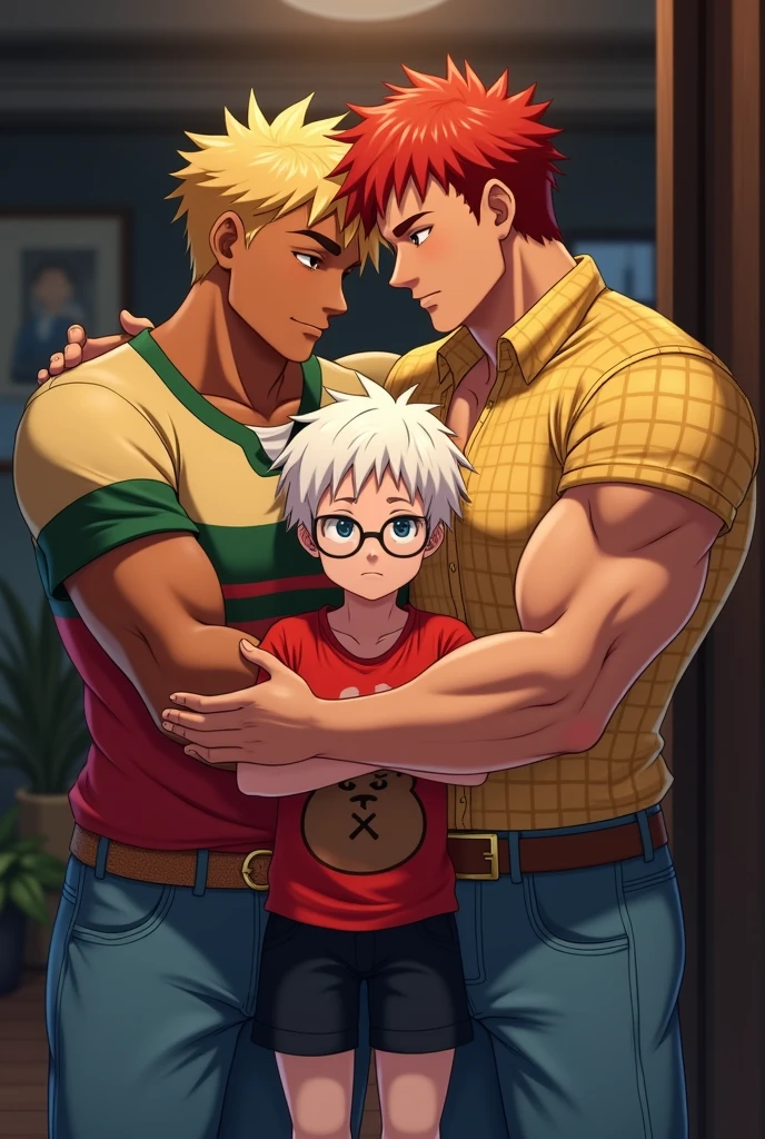 A boy he is Albino is wearing a red shirt with a cute bear on it he is wearing short black shorts he also wears glasses on both sides of him there are two very handsome and muscular men the man on the right has curly red hair he is wearing a yellow checkered shirt with blue jeans and a gold belt the man on the left has brown skin blond hair wearing a sweater with green and red stripes he is wearing light blue pants and a gold belt they are at night in a room the two men are hugging the boy is in the middle of him and they are smiling the image has to be in anime