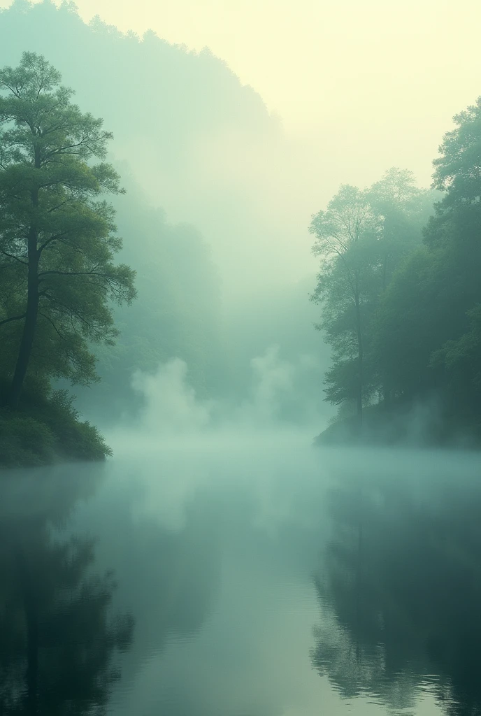 Lake and fog, humid, lots of steam with warm tones