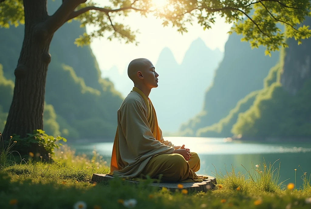 Create me an image of a monk in a relaxing place , in the lower corner of the image that says awaken your conscience