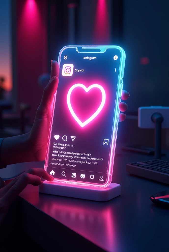 Create a instagram profile on glass id card on a Black desk displaying instagram logo and realistic profile photo of a pink heart in circle and " laxman sharma" is written in bold fonts under the profile photo and 40 Followers and 40 following written, the instagram card is glowing in pink and blue color on the edge, One corner is held with two fingers