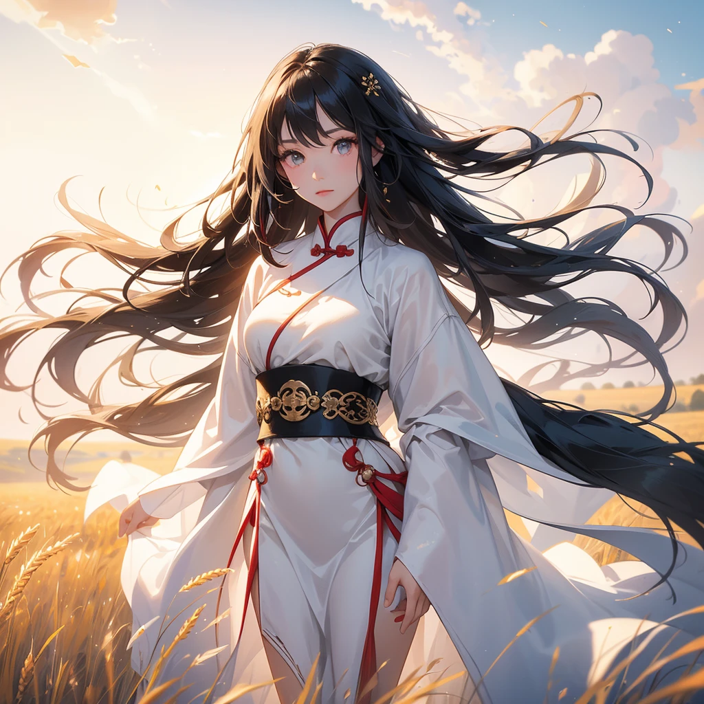 A beautiful girl with black long hair, wear white ancient chinese clothes, Standing in the middle of a wheat field , There are some floating clouds, with the sun shining on her face, close up.