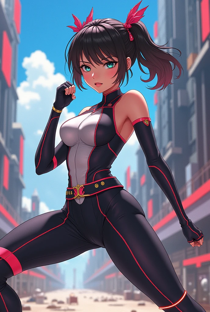 A femboy in tight clothing in a fighting pose anime style