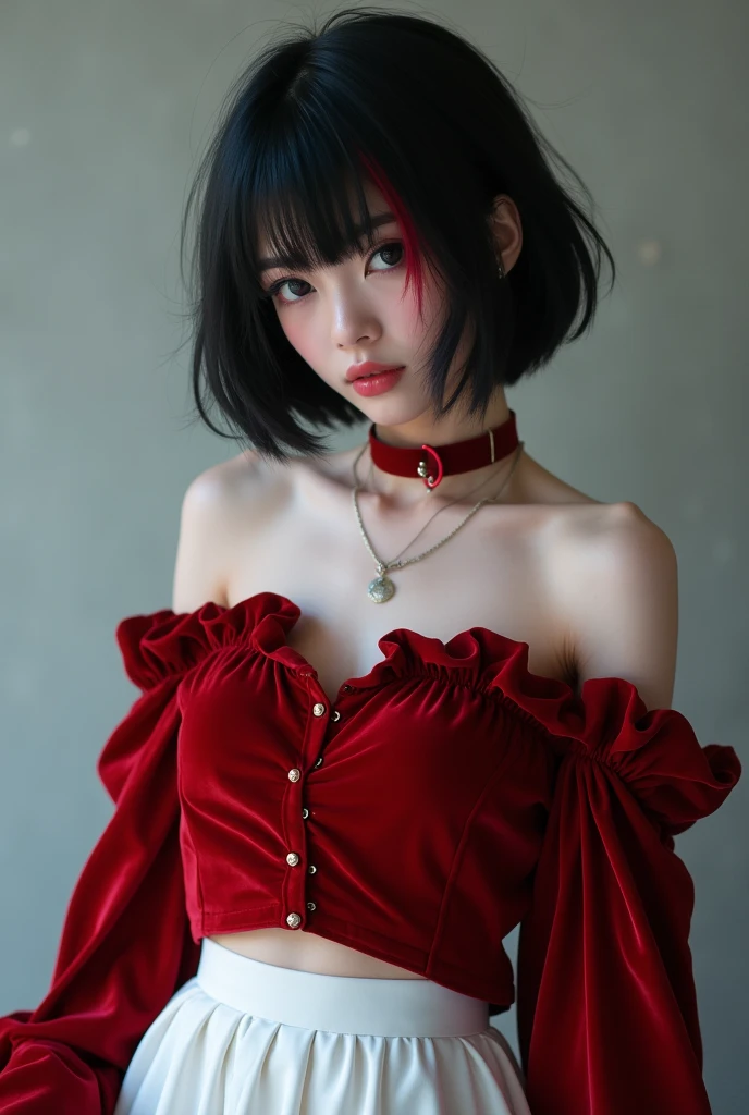 Little devil, heart-shaped tail, mature expression, eyeliner, tongue sticking out, shyness, wiggles, little devil's cute outfit, red lipstick, upturned eyes, blurred background of many balloons