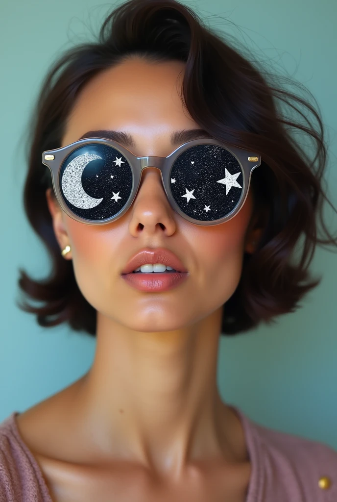 The model is wearing glass sunglasses with stars and the moon on the glass