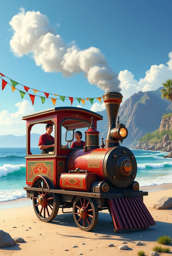 Create a train engine like food cart for momos with 2 members working inside the cart located at beach