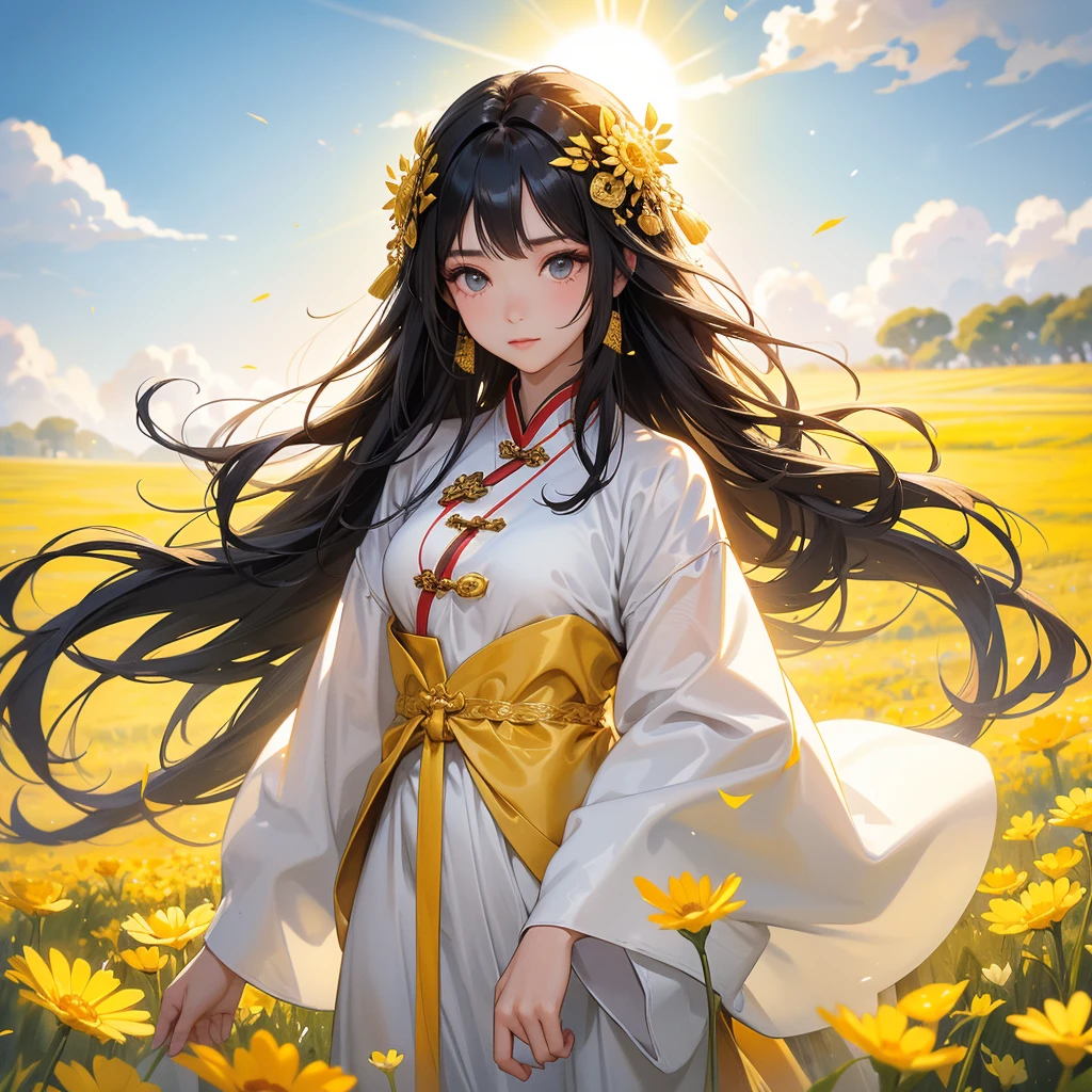 A beautiful girl with black long hair, wear white ancient chinese clothes, Standing in the midst of a field of bright yellow gold fields , There are some floating clouds,, with the sun shining on her face, close up.