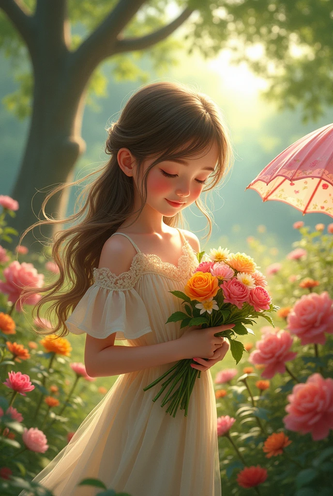 A with big dark brown Lucious wavy hair dressed as flower girl holding a bouquet