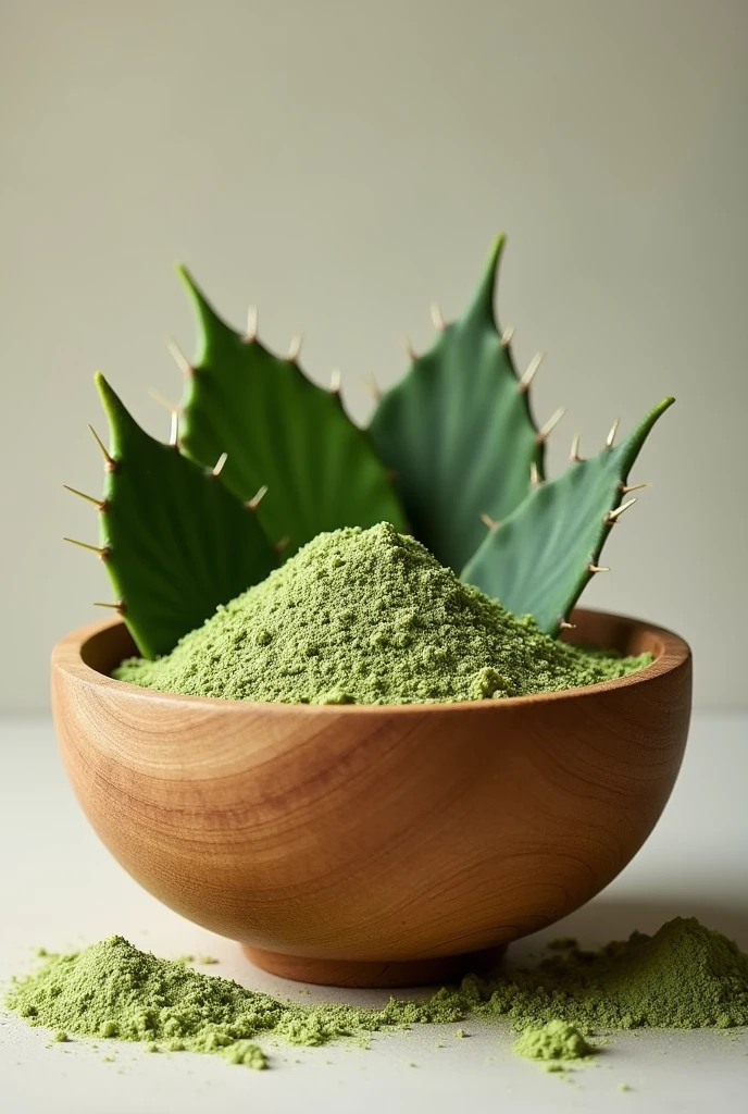 Make a png image of a handmade wooden bowl with green flour and embedded in it nopales