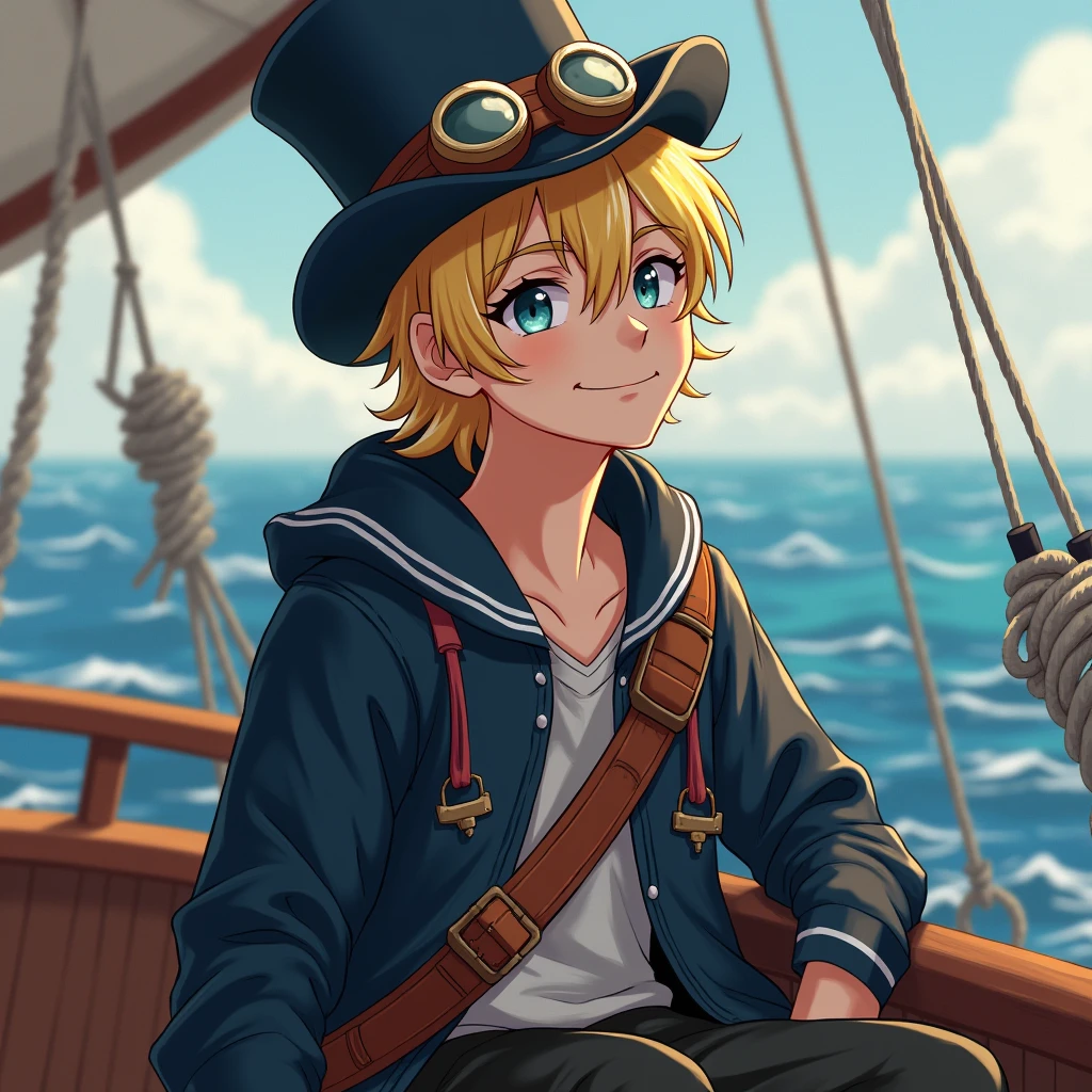 White male、(((1)))、Beautiful youth、smile、Blonde、semi-long、brave、Reliable、strong、Old burn scar around left eye、Top hats and goggles、Navy Costume、Jacket、On the boat、Genuine、Genuineistic、Live Action、High resolution