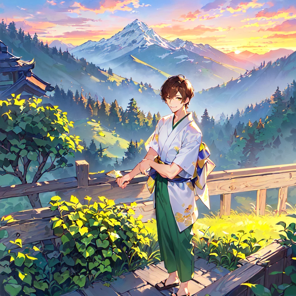 masterpiece, best quality, high quality, extremely detailed, (1 male handsome age 20 solo one: 1.5), (short short hair: 1.5), (hair color brown), (eyes yellowish green: 1.3), 8 head tall, slender nose, facial muscles, Throat, (yukata short sleeves and pants: 1.3), (standing), (dynamic pose), (smiling: 1.3), (background countryside and mountains: 1.3), (sunset: 1.3)