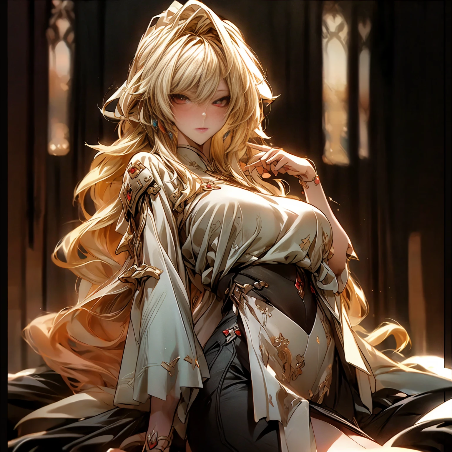(best quality)), ((Masterpiece)), (details:1.4), 3d, HDR (high dynamic range), an image of a beautiful cyberpunk female, cyberpunk, blonde hair, Sleek style, Curtain Bangs, Red eyes, จมูกโด่ง, ปากแดง, หน้าอกใหญ่, nvidia RTX, PBR surface, After processing, Anisotropic filtration,depth of field, Maximum clarity and clarity, multi-layered surface, Subsurface scattering, perfect proportions, 8K raw files, ultra detailed, Perfect proportions, volumetric lighting, soft lighting, Holy Paladin, Heavy Armor, glossy skin, chapel background, jewely, ต่างหู, นิ้วมือสมบูรณ์,
