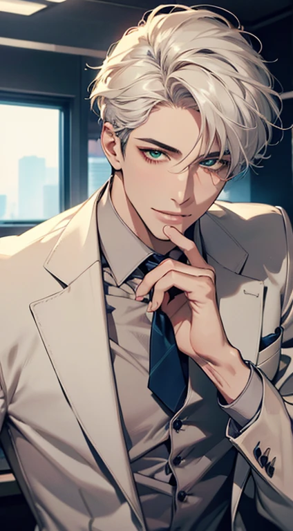 (Highest quality,4K,8K,High resolution,masterpiece:1.2),Super detailed,(Realistic,photoRealistic,photo-Realistic:1.37),1 personld,Mature Men,Beautiful skin、very handsome,Expressionless smile in love,Short white hair,green eyes,Sharp Eyes,A perfect face without a doubt,Businessman, CEO, Office Background,Cinema Lighting,HDR image,tie、