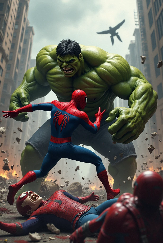 Draw spiderman vs hulk, a destructive battle, pure chaos in the world and several dead heroes

