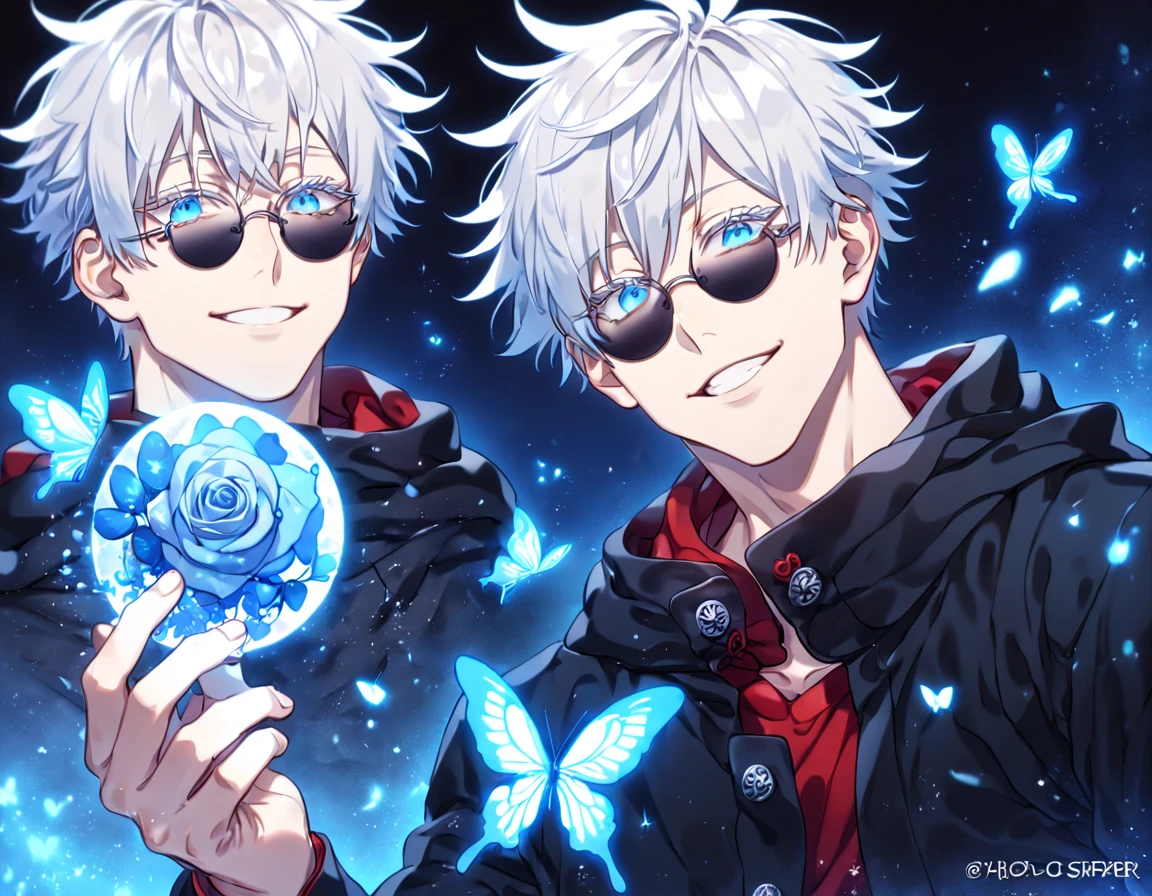 absurdres, highres, ultra detailed, HDR, master piece, best quality, extremely detailed, detailed face, Gojou Satoru, white hair, expressive blue eyes, white eyelashes, Jujutsu Kaisen, solo, sexy man, handsome, smile, manly man, black coat, hooded red vest, showing the chest, round black sunglasses, magical, fantasy, under a blue tree, blue flames, blue moon, blue fireflies, blue roses, blue butterflies, glass magic