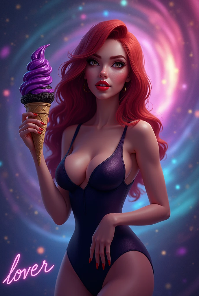 Design a photorealistic image of fictional character Jessica rabbit with a purple and black ice cream, in the background the universe of colors, and that at the bottom it shows the name "lover"