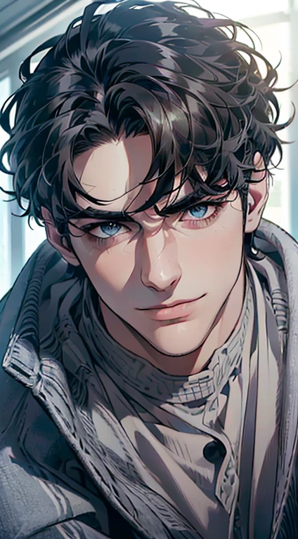 (best quality,4k,8k,highres,masterpiece:1.2),ultra-detailed,(realistic,photorealistic,photo-realistic:1.37),1 man,3,mature man,very handsome,without expression,smile,short grey black hair,blue eyes,penetrating gaze,perfect face without errors,imposing posture,businessman,office background,cinematic lighting,hdr image
