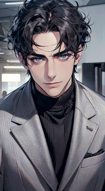 (best quality,4k,8k,highres,masterpiece:1.2),ultra-detailed,(realistic,photorealistic,photo-realistic:1.37),1 man,3,mature man,very handsome,without expression,smile,short grey black hair,blue eyes,penetrating gaze,perfect face without errors,imposing posture,businessman,office background,cinematic lighting,hdr image