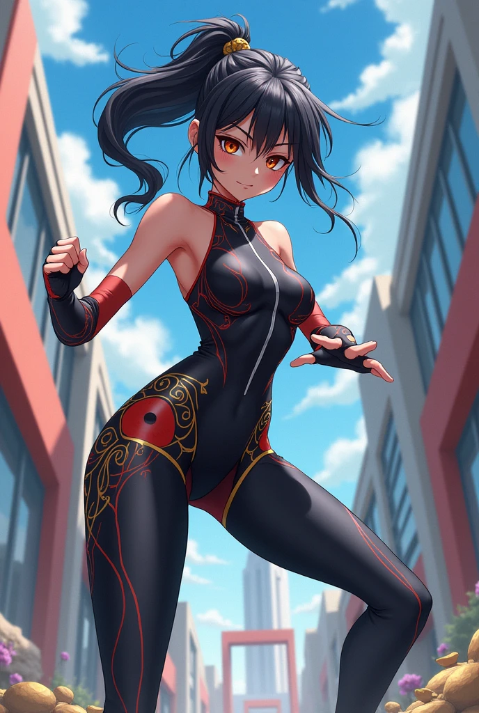 A femboy in tight clothing in a fighting pose anime style