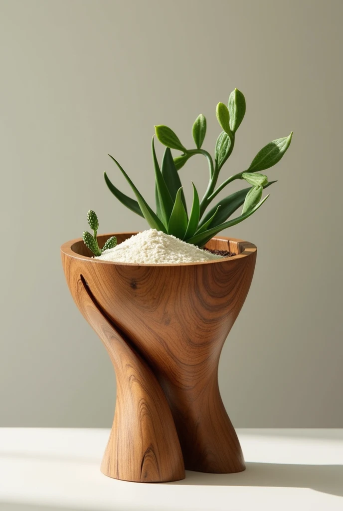 Make a png image of a tall, handmade wooden bowl with green flour and cactus embedded in it