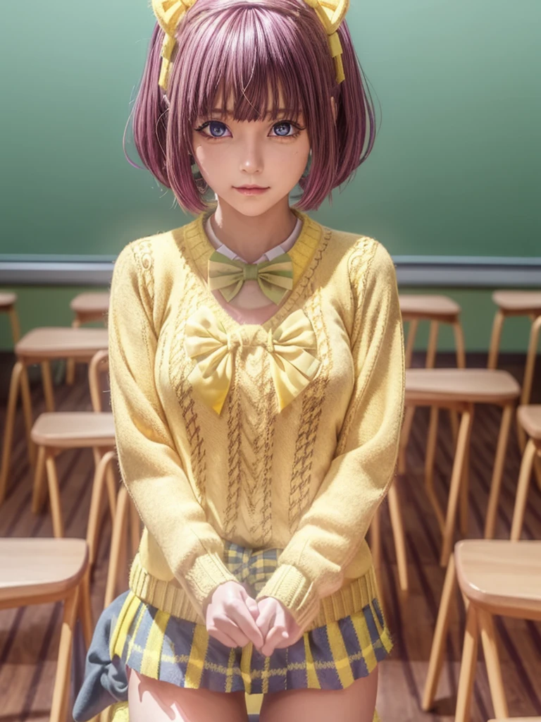 Momodebilke, Deviluke Type, demon tail, Hair Flower, hair ornaments, (Purple eyes:1.1), Pink Hair, short hair, tail, smile,
break demon tail, green skirt, Plaid, Plaid skirt, Sainan High School uniform, , skirt, Sweater vest, Knee socks, (Yellow Sweater:1.5), Short sleeve, bow, (green bow:1.5),
break indoors, classroom,
break looking at viewer, (Cowboy Shot:1.5),
break (masterpiece:1.2), Highest quality, High resolution, unity 8k wallpaper, (figure:0.8), (beautiful detailed eyes:1.6), extremely detailed face, Perfect lighting, extremely detailed CG, (Perfect hands, Perfect Anatomy),