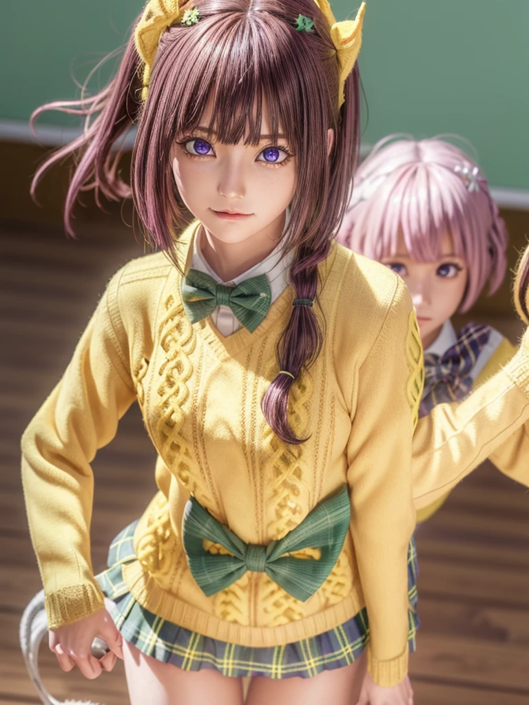 Momodebilke, Deviluke Type, demon tail, Hair Flower, hair ornaments, (Purple eyes:1.1), Pink Hair, short hair, tail, smile,
break demon tail, green skirt, Plaid, Plaid skirt, Sainan High School uniform, , skirt, Sweater vest, Knee socks, (Yellow Sweater:1.5), Short sleeve, bow, (green bow:1.5),
break indoors, classroom,
break looking at viewer, (Cowboy Shot:1.5),
break (masterpiece:1.2), Highest quality, High resolution, unity 8k wallpaper, (figure:0.8), (beautiful detailed eyes:1.6), extremely detailed face, Perfect lighting, extremely detailed CG, (Perfect hands, Perfect Anatomy),