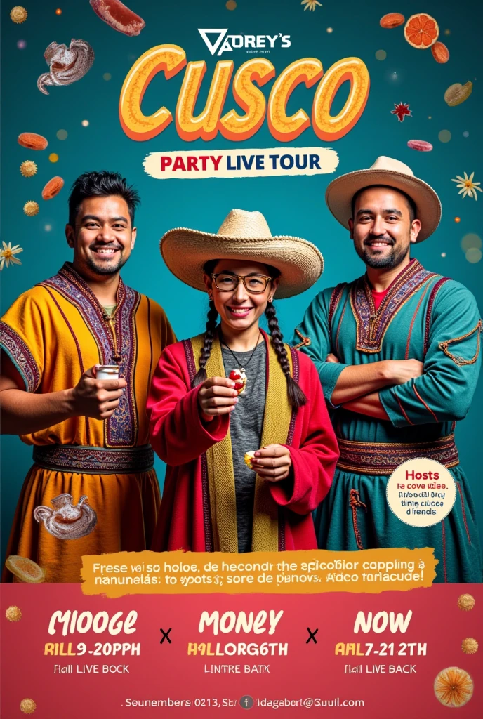 Modern advertising with the following information. This Wednesday, August 28th at 11 am enjoy the new CUSCO PARTY LIVE tour. Come and learn about Peru and the 4 Sueños with us. Get to know the Inca culture through games and dynamics. You will learn, their customs, gastronomy and a new tourist experience.