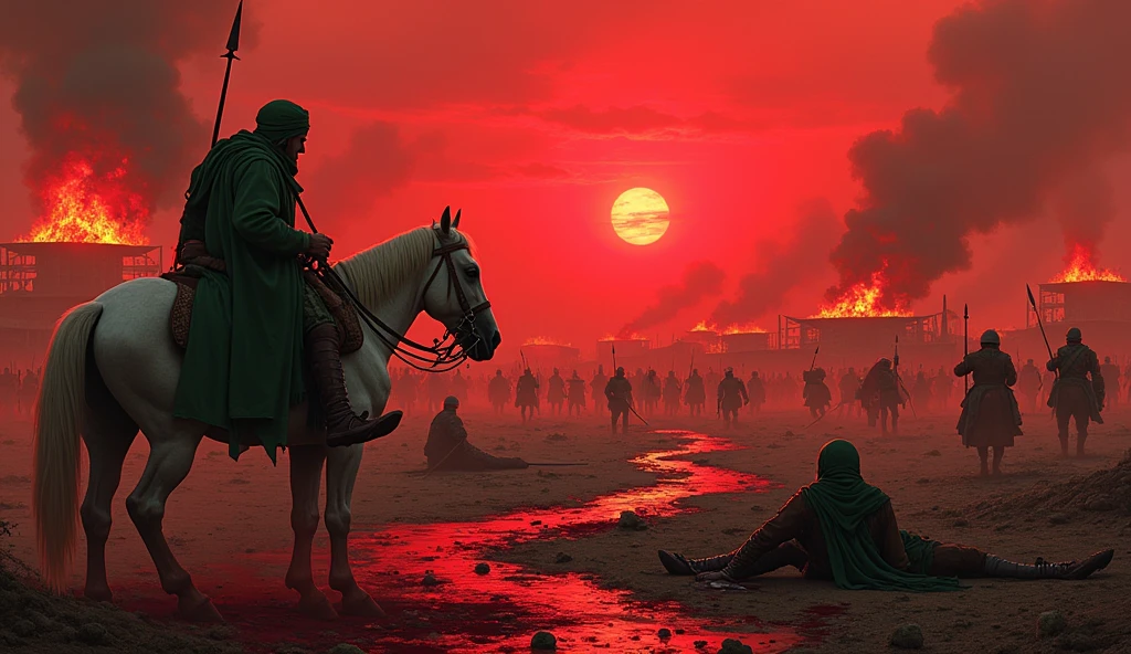 bloody sky, sun set, arrow everywhere, burning tents, date trees, blood everywhere, bloody swords, army with swords, knife, sheilds, and fire woods in his hand, a white wounded bloody horse, a men which wear green hijab and proper fighter suit and fall on the bettle ground which wear green hijab and dresses and a javelin inside the chest  , heavy smoke, a bloody  river