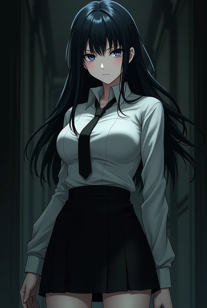 Serious black haired evil woman pale skin dress shirt and short black skirt anime style