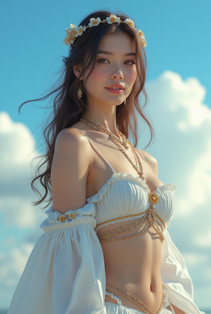 Byzantine girl with blue sky and white clouds background, sexy outfit, upper body, front view, (Masterpiece, Top Quality, Top Image Quality, Official Art, Aesthetic and Beautiful:1.2), (1girl:1.4), white beautiful skin, smiling face, portrait, extreme color, highest definition, simple background, 16K, high resolution Perfect Dynamic Composition, Bokeh, (Sharp Focus:1.2), Ultra Wide Angle, High Angle, High Color Contrast, Medium Shot, Depth of Field, Background Blur,,itacstl,poakl girl,Realistic Enhance,noc-portrait