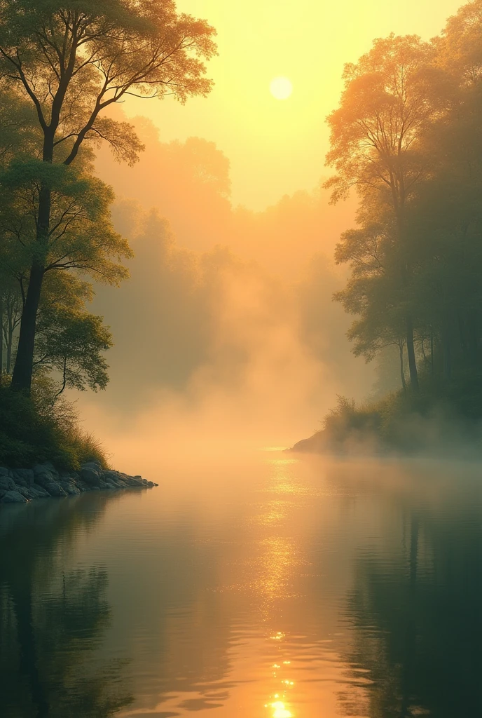 Lake, humid, lots of steam with warm tones