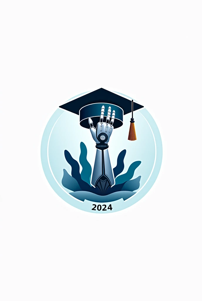 Generate a logo that is inside a circle, that this logo has a vertical robotic hand and that above it has a mortarboard, that everything has a color between white, Navy blue, sky blue and black tones. Make it attractive and draw attention. It should also have the words that indicate “meeting of stressed and qualified people” and in slightly larger letters “2024”